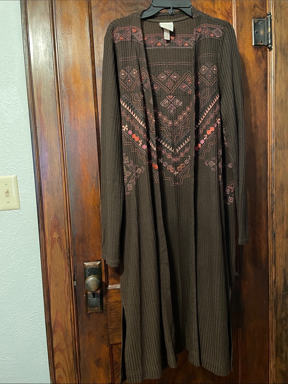 Brown Long Knit Cardigan with Geometric Embroidery